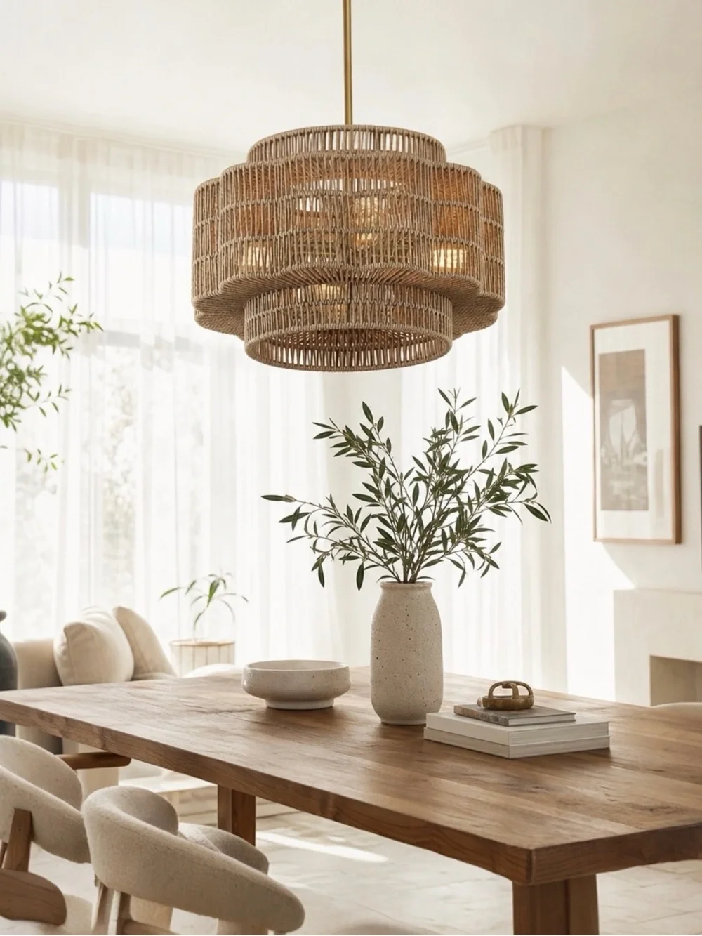 NEW West Elm XL 4-Light Petal Boho Rattan Woven Chandelier Hanging Light Fixture